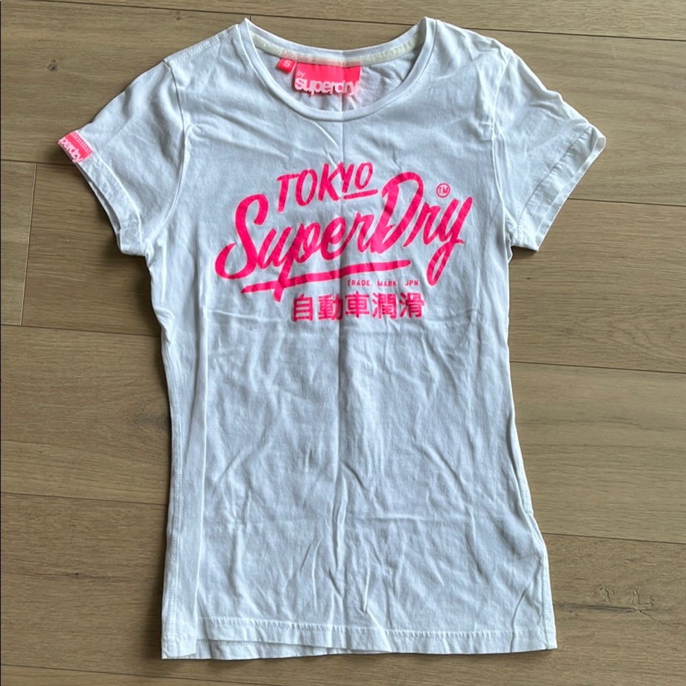 Superdry White and Pink Graphic Tee